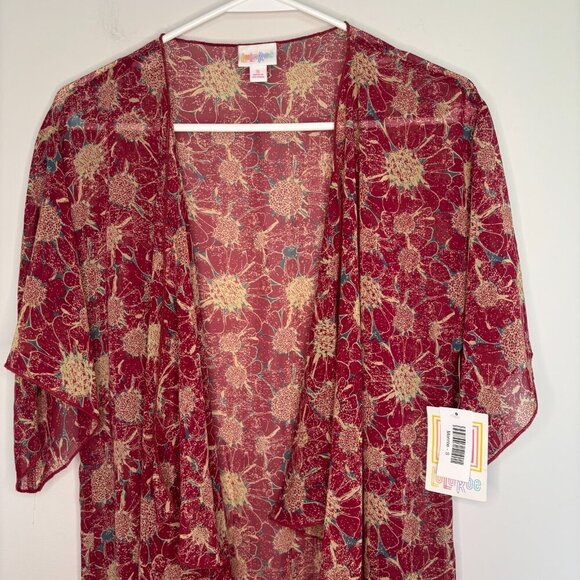 LULAROE NEW Monroe Women Small Tan Burgundy Fringe Wrap Open Front Kimono - Picture 4 of 6